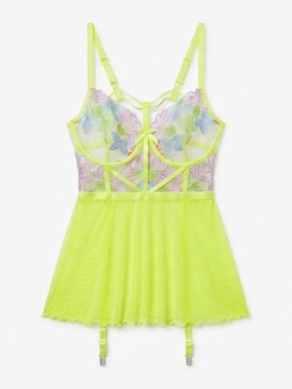 Neon Green Floral Embroidered Sheer Babydoll Tinker Bell Fairy Costume Lingerie